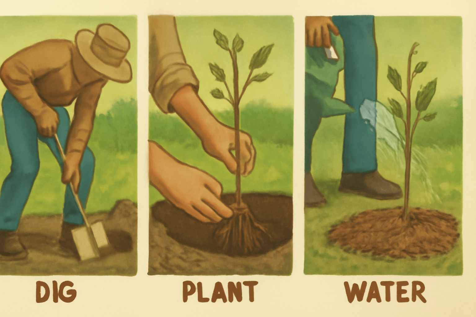 "Three-step guide to planting Chandler walnut tree with digging, placing sapling, and watering stages."