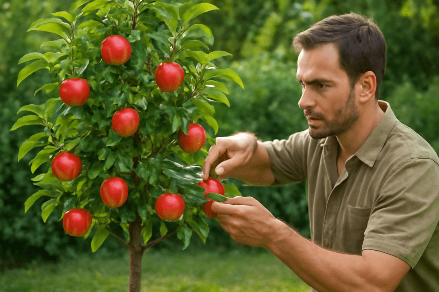 "Gardener pruning or watering a healthy dwarf apple tree, demonstrating care and maintenance techniques."