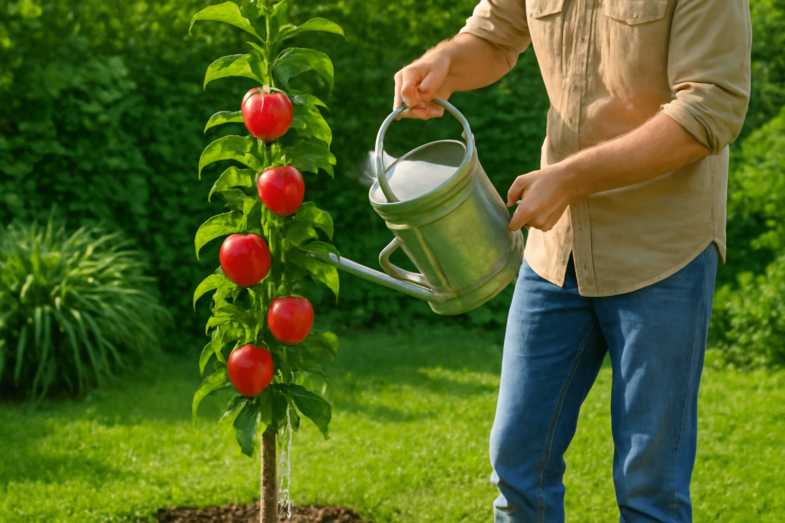 "Gardener watering a healthy columnar apple tree, showcasing proper care for strong growth."