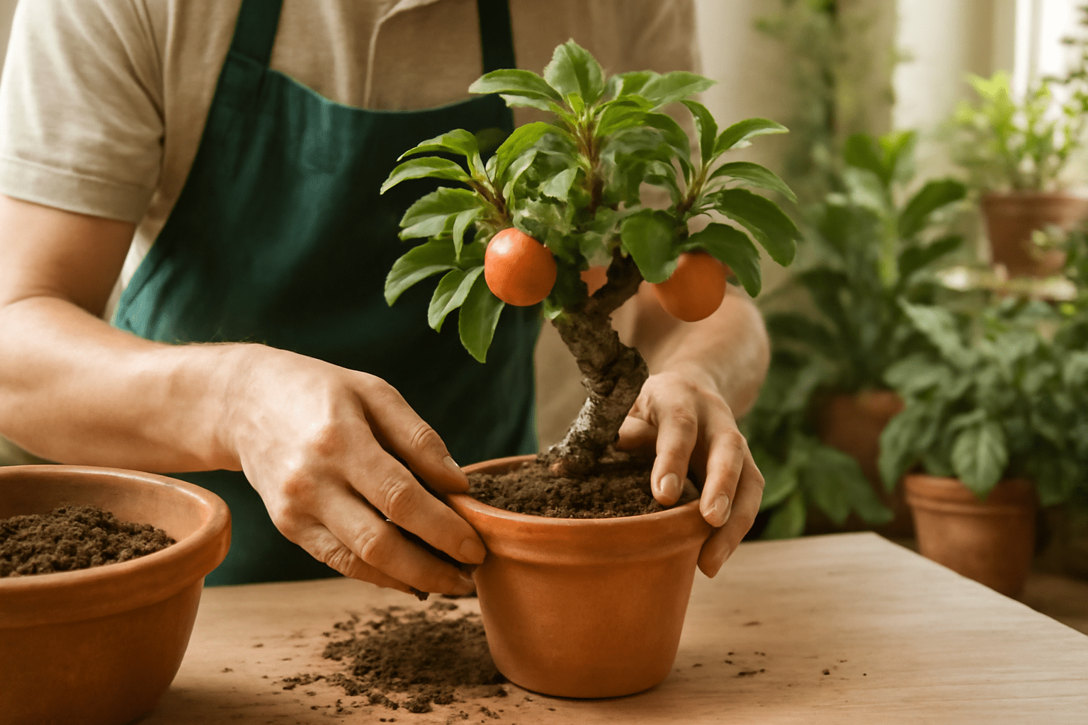"Planting a bonsai apple tree in a pot, ensuring proper root placement and soil."