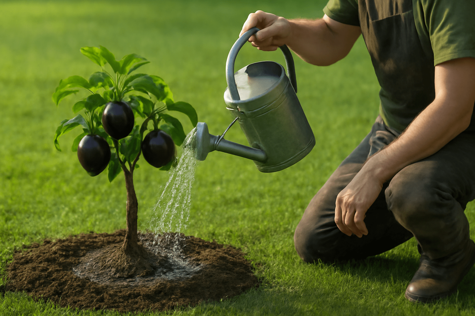 "Gardener watering an Arkansas Black apple tree to maintain moisture for healthy growth."