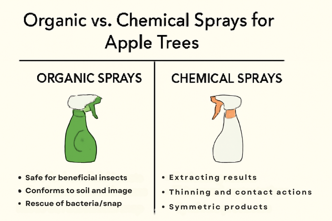 "Comparison chart of organic vs. chemical apple tree sprays, showcasing neem oil, insecticidal soap, and synthetic pesticides."