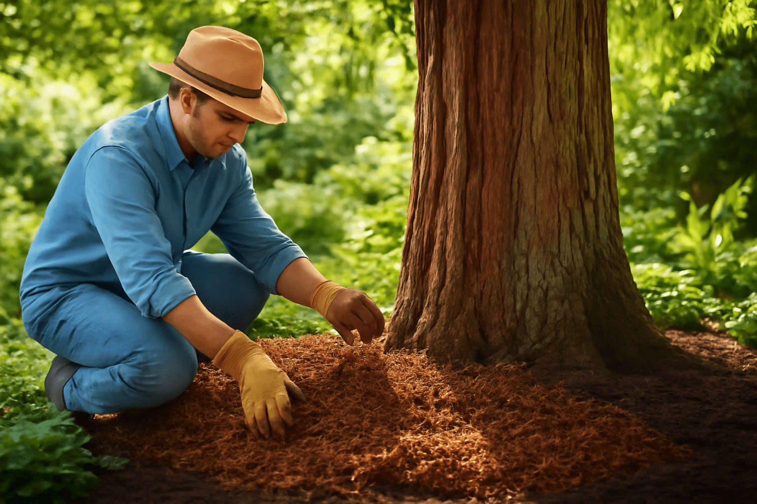 A person in blue overalls and a hat tends to mulch around a large tree in a lush, green garden. The scene conveys care and tranquility.