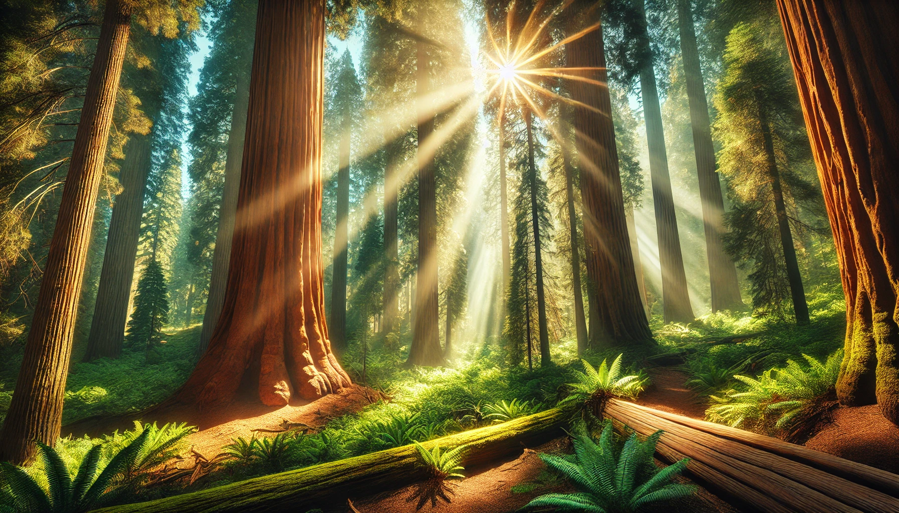 Sunlight filters through towering redwoods in a lush forest, illuminating ferns and creating a serene, magical atmosphere.