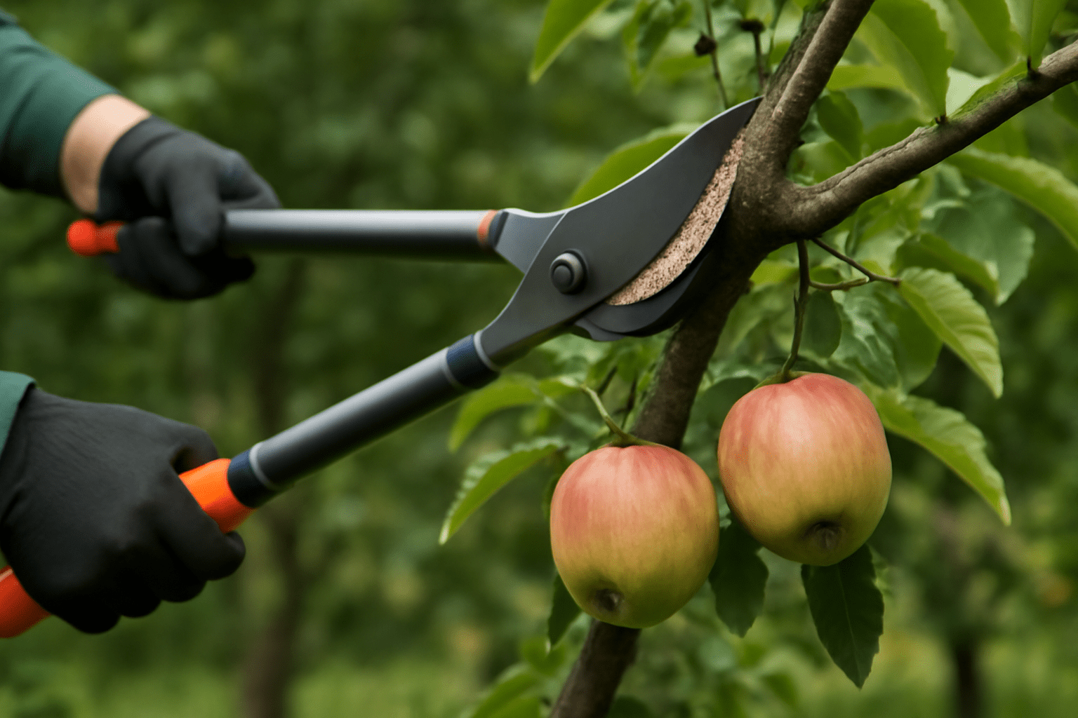 "Gardener using loppers to trim medium-sized branches of an apple tree."