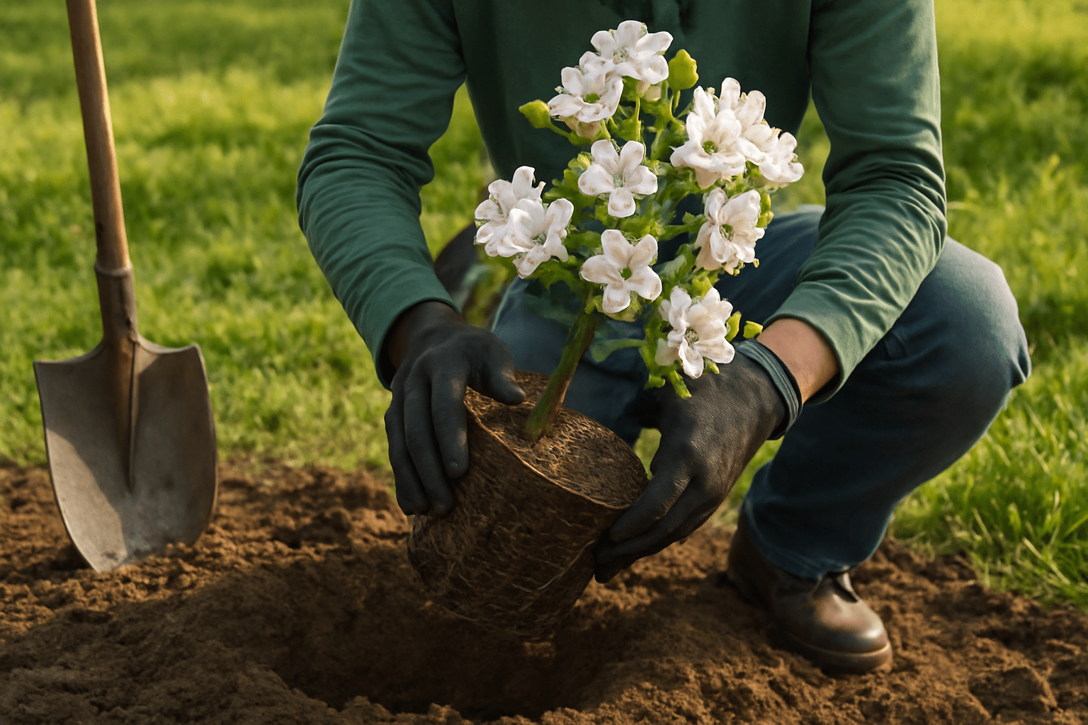 "Gardener planting a flowering apple tree in a sunny, well-drained location."