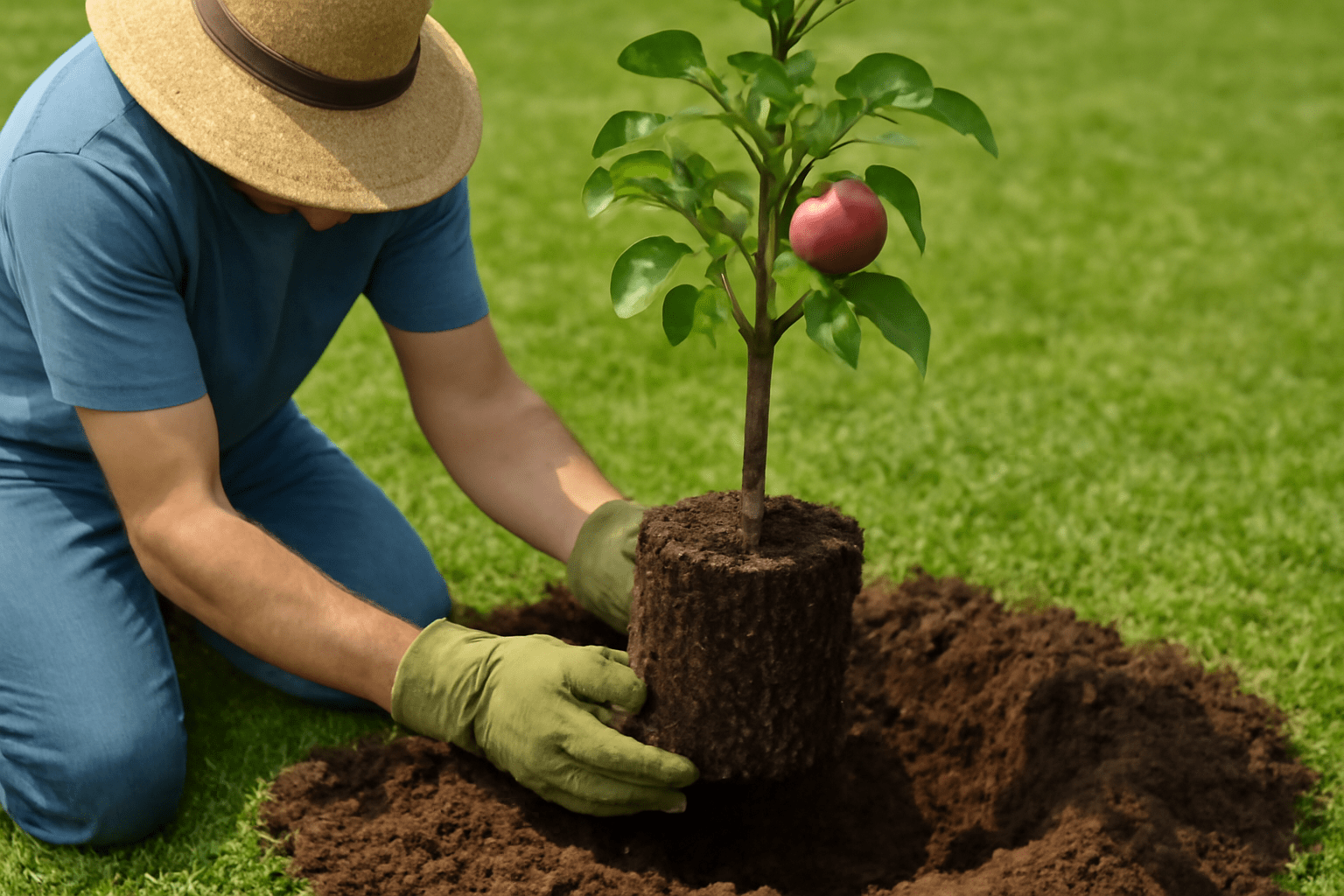 "Gardener planting McIntosh apple tree in well-prepared soil."