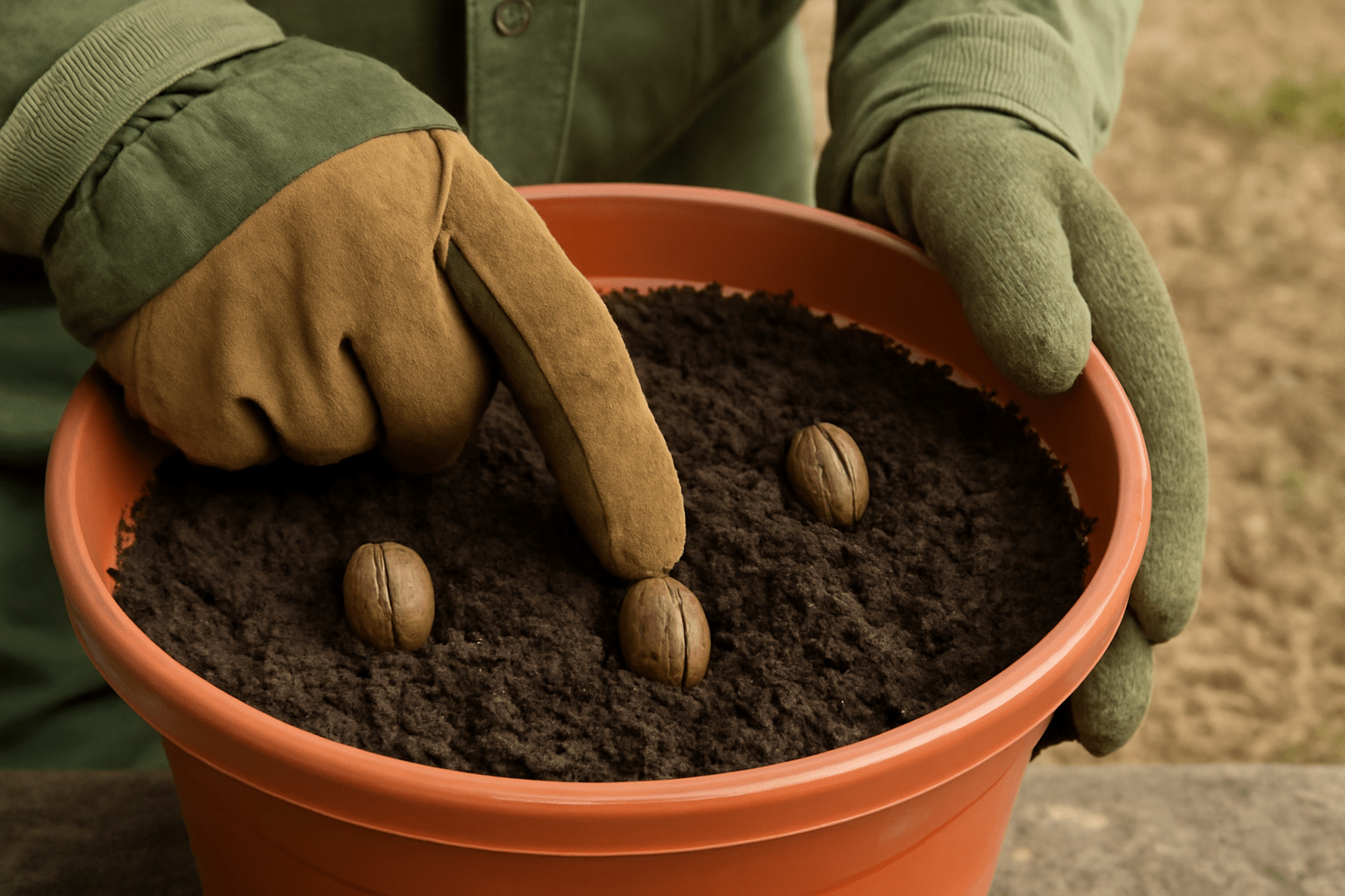 "Planting hickory tree seed in a pot with soil, ensuring proper depth and spacing."