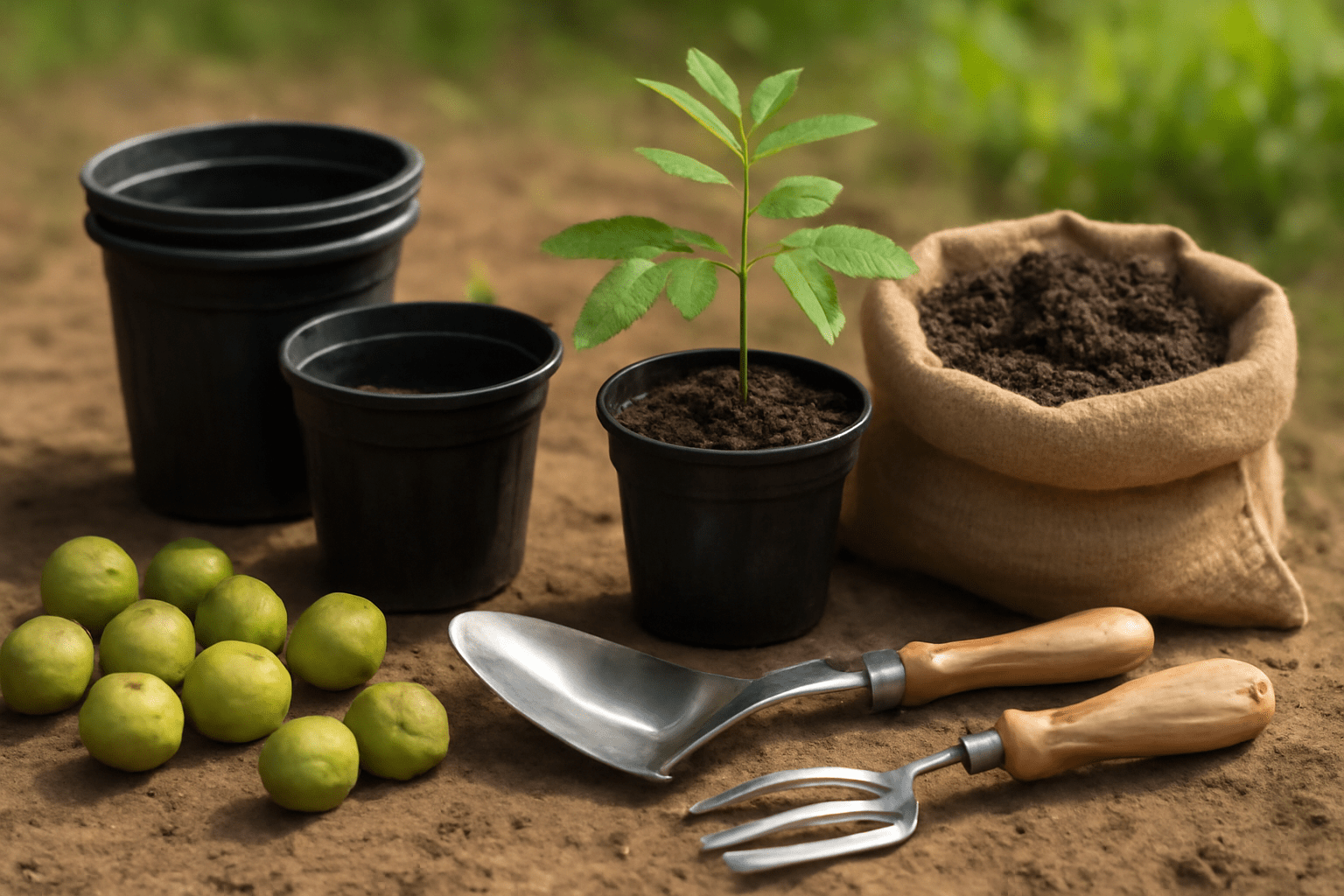 “Gardening tools and materials needed for growing a hickory tree, including pots, hickory nuts, and soil mix.”