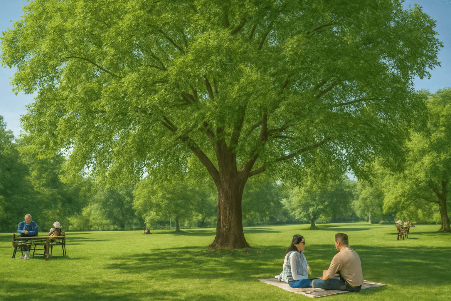 "Mature hickory trees providing shade in a park landscaping project."