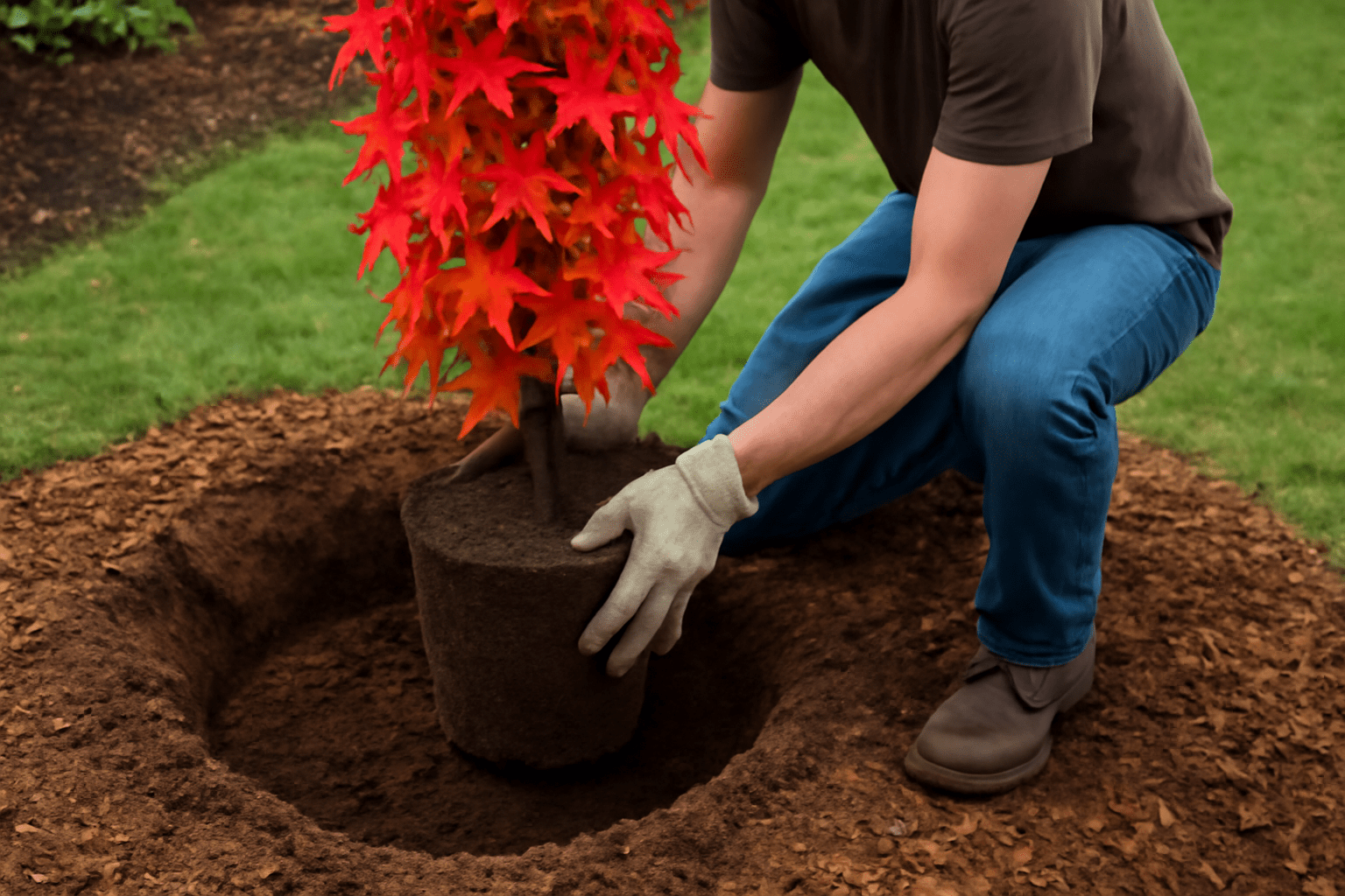 "Person planting a Liquidambar Slender Silhouette Sweetgum Tree in well-drained soil with mulch."