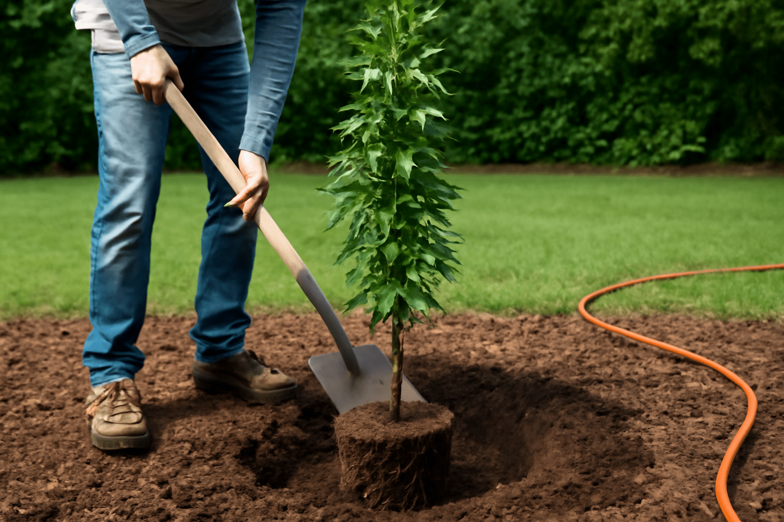 Gardener planting a columnar sweetgum sapling in a garden, with a watering can and shovel nearby.
