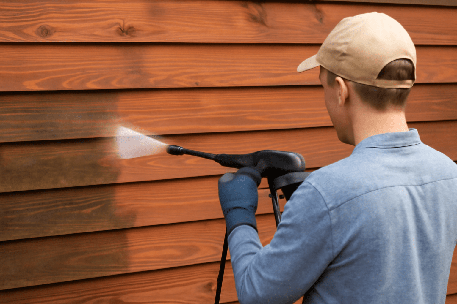 Man wearing gloves and a cap uses an orange level tool to align wooden siding on a wall. The scene conveys focus and precision in construction.