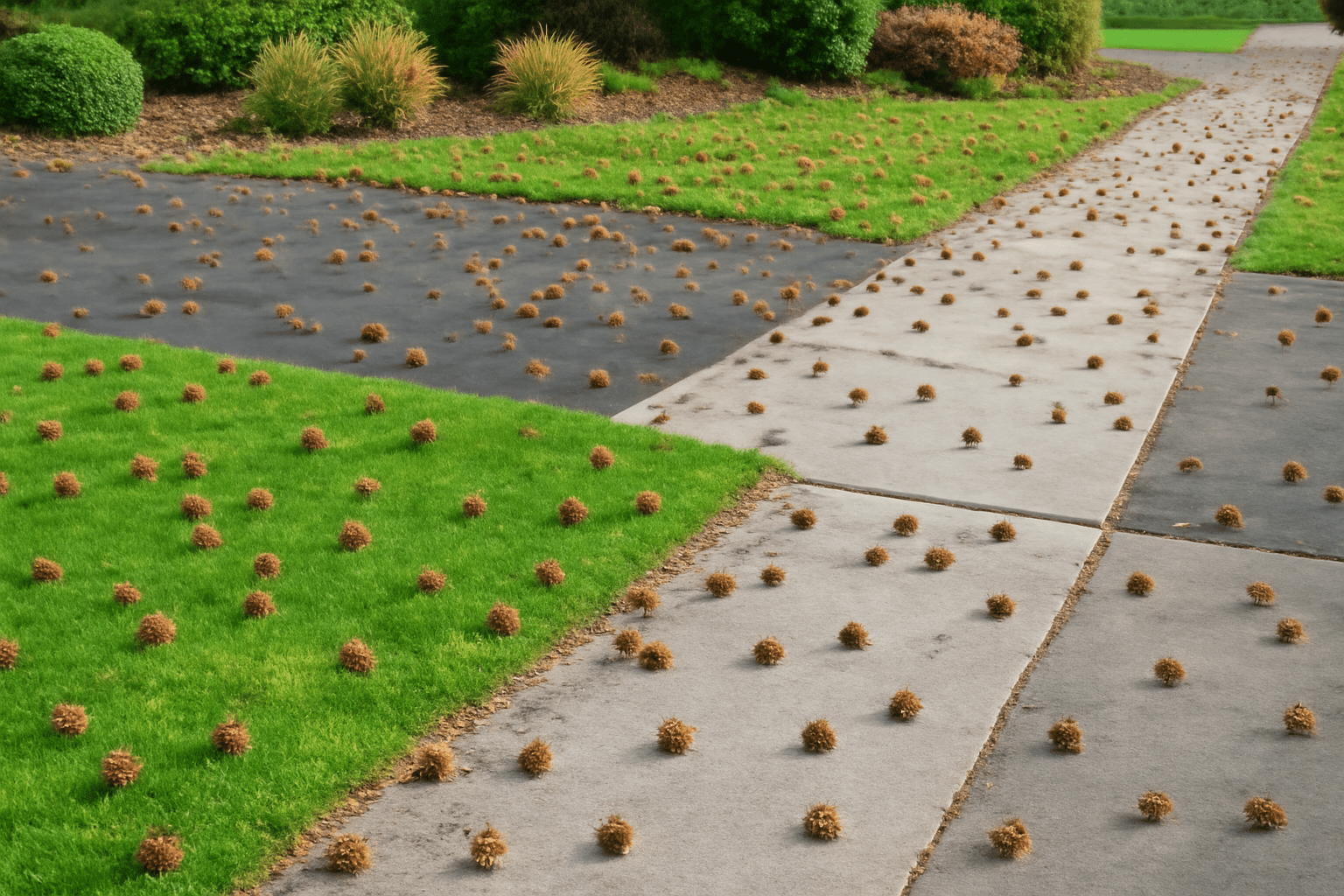 Yard covered in sweetgum seed balls, creating a mess on the grass, sidewalk, and driveway.