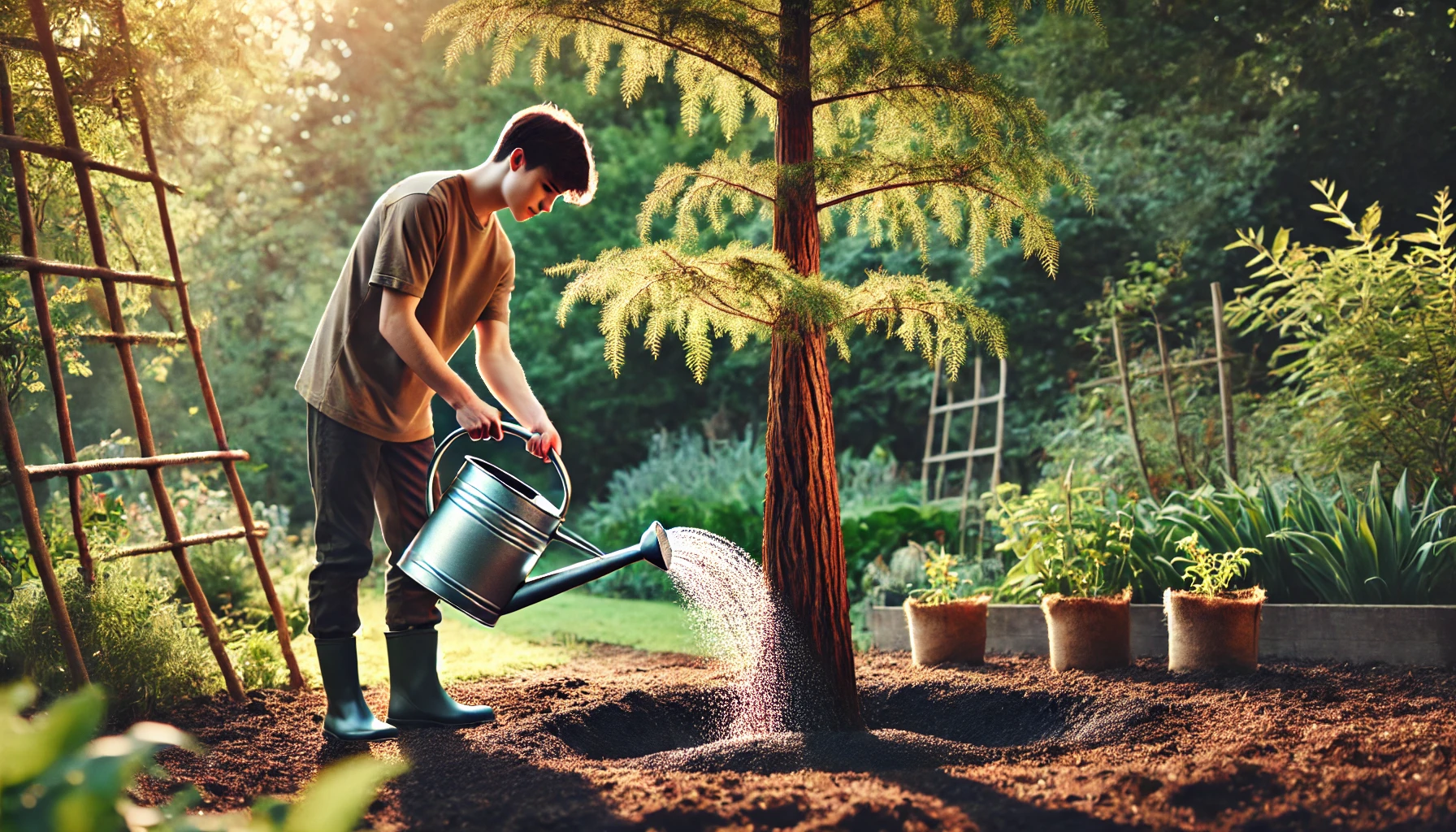 A person in green boots waters a young tree in a sunlit garden, surrounded by plants and gardening tools.