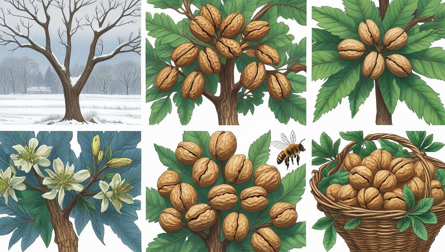 "Illustration of the walnut tree growth cycle with labeled stages"