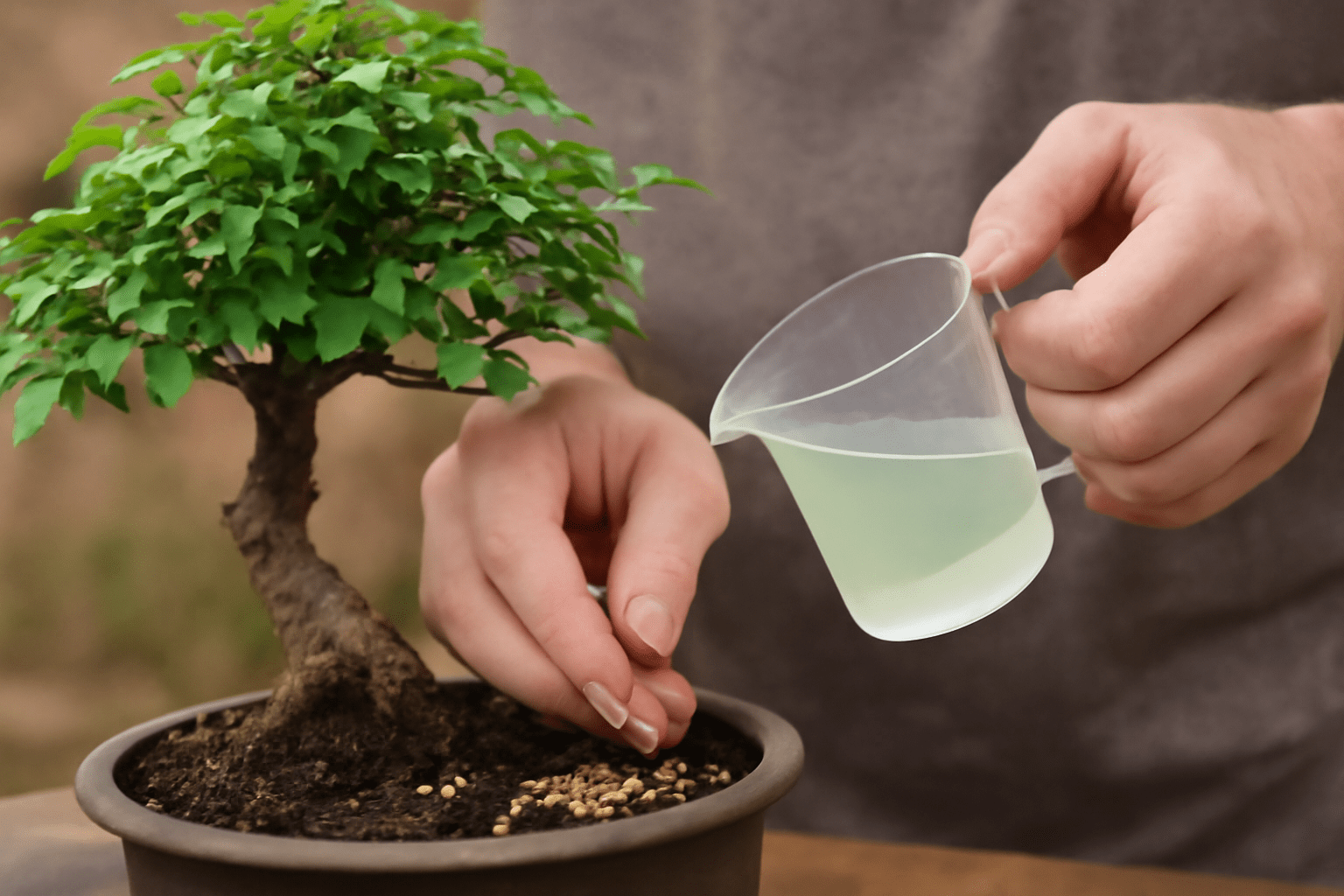 A hand is pouring liquid into a small plant, providing essential hydration for its development.