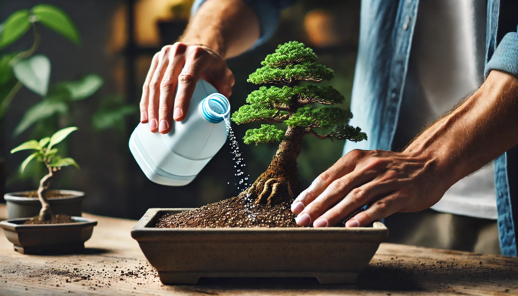 A person waters a bonsai tree in a pot, hands focused on nurturing the plant against a lively indoor garden backdrop.