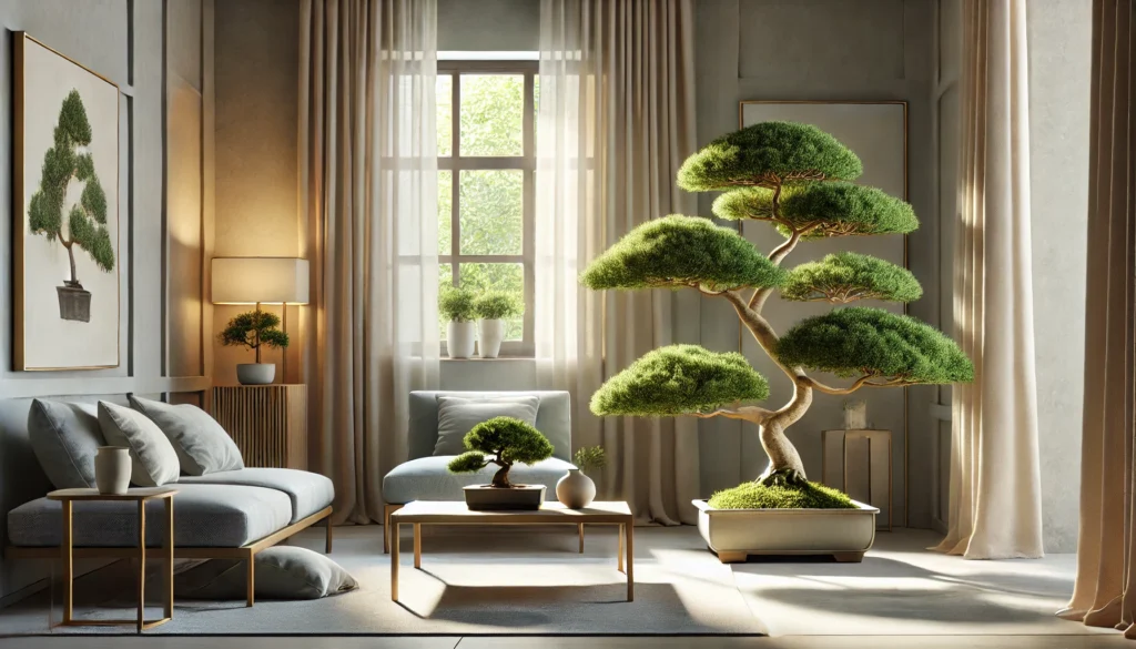 A cozy living room featuring a bonsai tree on a coffee table, surrounded by a sofa and loveseat. Natural light filters through the window, illuminating the interior decorated with curtains and various houseplants. The space includes wood flooring and is accented with a stylish vase.