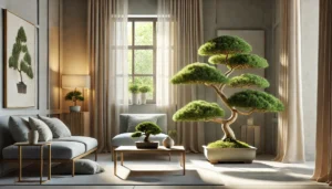 A cozy living room featuring a bonsai tree on a coffee table, surrounded by a sofa and loveseat. Natural light filters through the window, illuminating the interior decorated with curtains and various houseplants. The space includes wood flooring and is accented with a stylish vase.