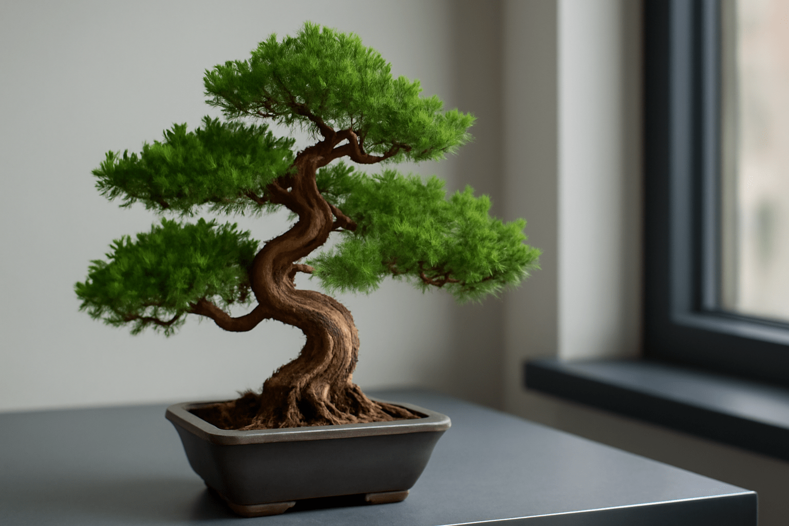 A bonsai tree in a small pot with green leaves, set indoors.