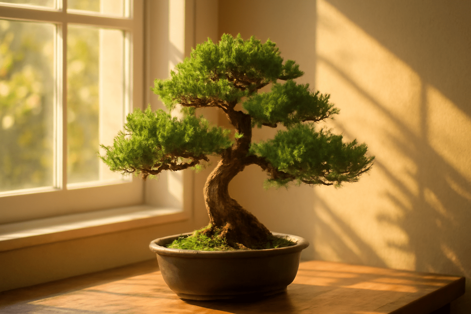 A small bonsai tree in a decorative pot, placed on a windowsill with sunlight illuminating its green leaves. The background features a simple indoor wall.