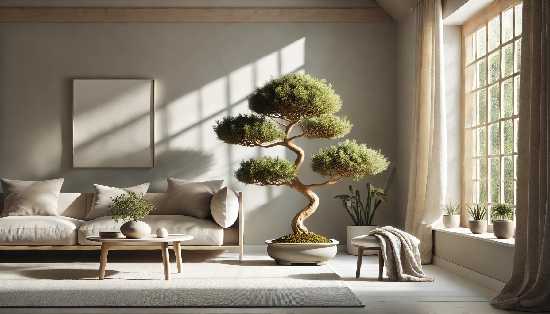 A cozy indoor living room featuring a tree and a comfortable couch, with a vase and decorative pillows on the sofa. The space is adorned with wall treatments and window coverings, creating an inviting atmosphere.