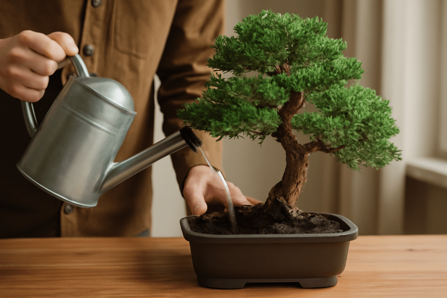 A man is watering a bonsai tree in a pot, demonstrating care and attention to the delicate plant.