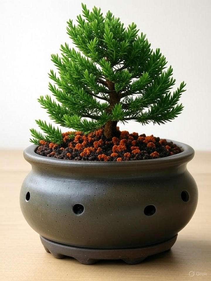 A small bonsai tree in a black pot sits on a wooden table, showcasing its intricate branches and leaves.