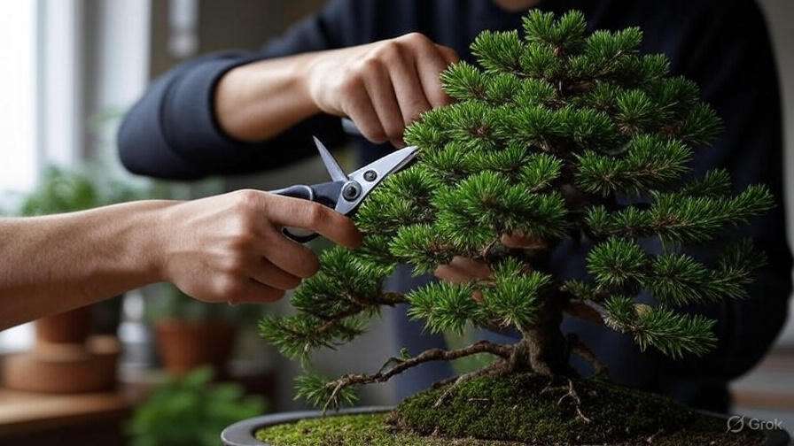  A person carefully trimming a bonsai tree with scissors, focusing on precise cuts to shape the plant.