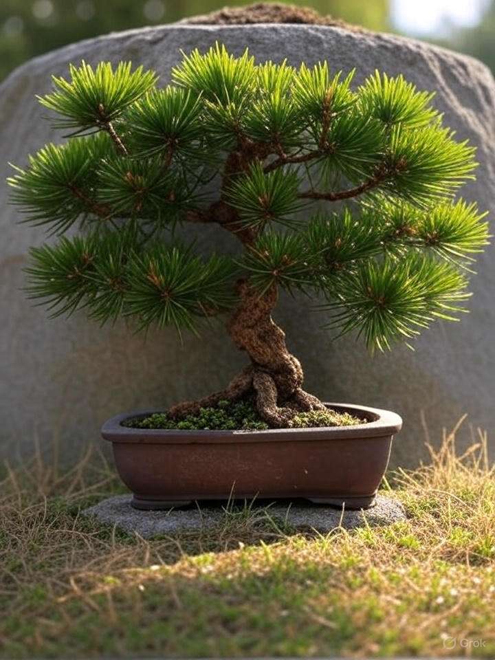 A small bonsai tree in a decorative pot, placed on the ground, showcasing its intricate foliage and artistic shape.
