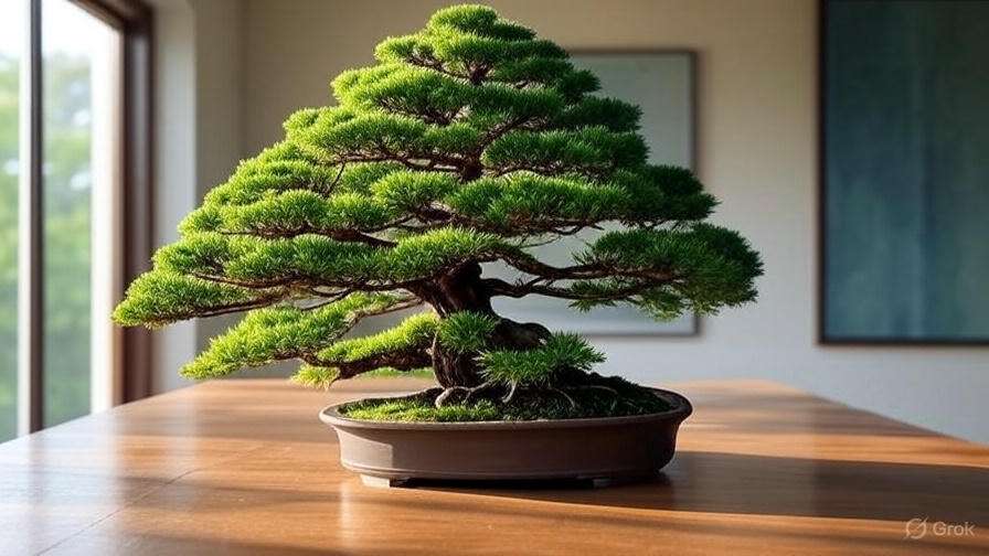 A small bonsai tree displayed on a table, with sunlight streaming through a window in the background.
