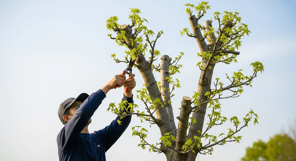 "Person pruning a Chinese Sweetgum tree to remove dead or diseased branches in early spring."
