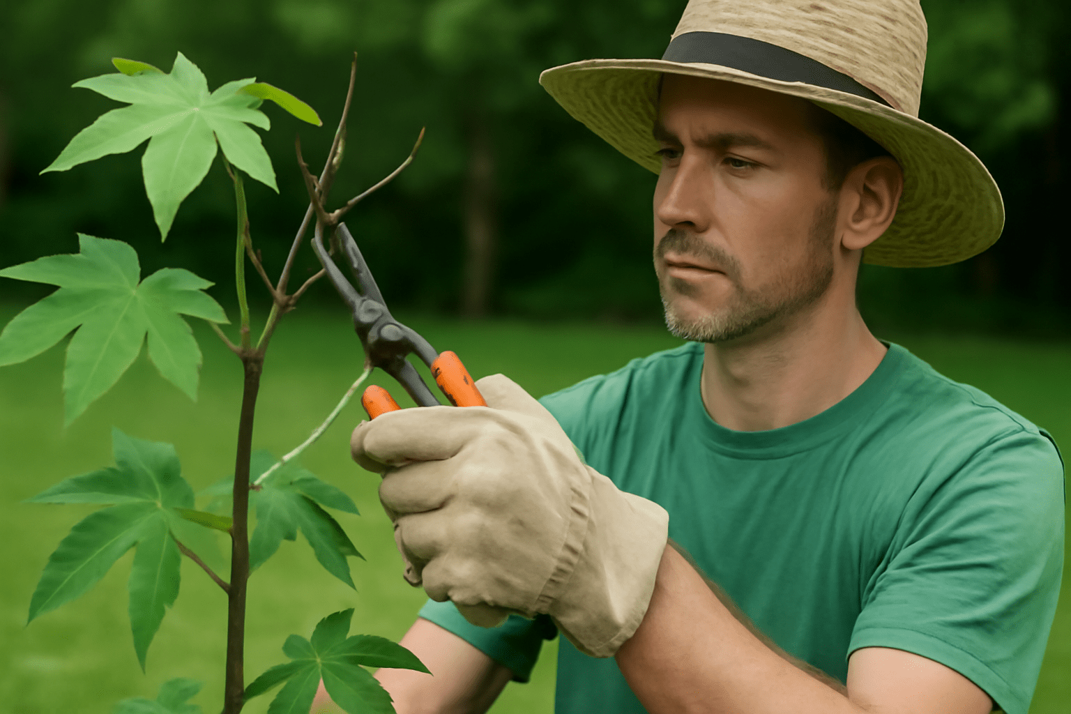"Person pruning a Cherokee Sweetgum Tree, removing dead or damaged branches for healthier growth."