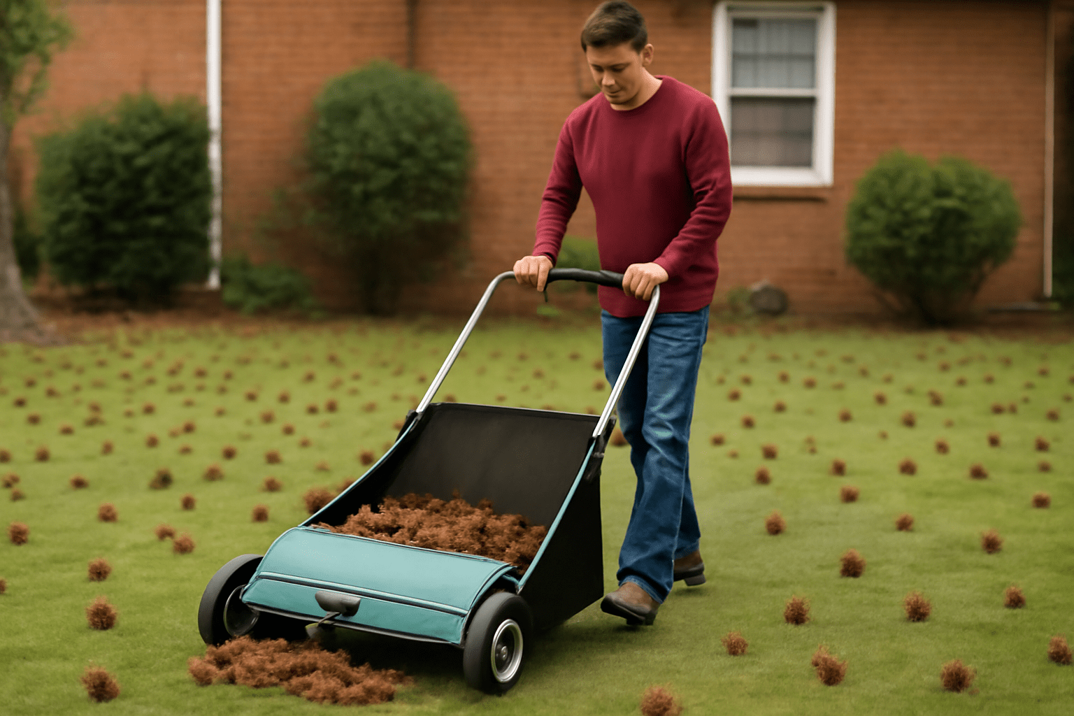 "Person using a lawn sweeper to collect sweetgum pods from the lawn."