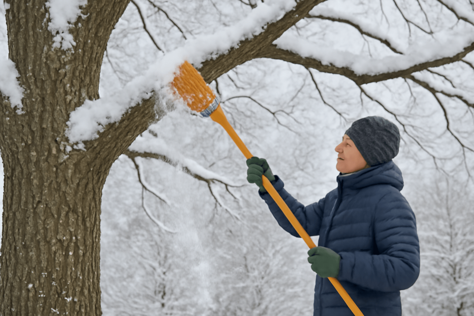 "Person removing snow from hickory tree branches with a soft broom."