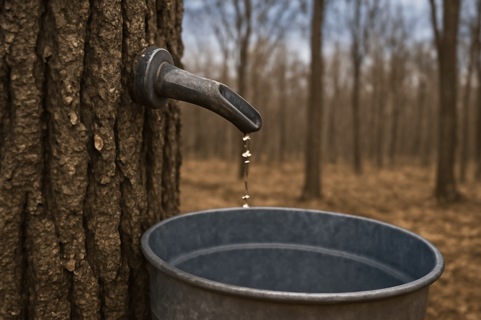"Close-up of hickory sap dripping into a collection container from a tapped tree."
