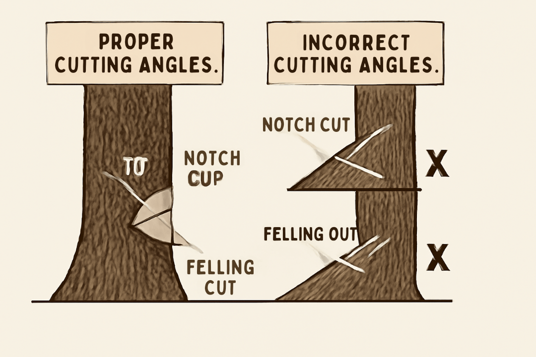 "Diagram of proper and improper tree cutting angles for a hickory tree."
