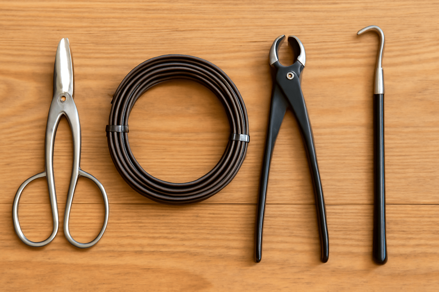 Essential bonsai care tools, including pruning shears, wire, and a root hook, arranged for use in American Sweetgum Bonsai care.
