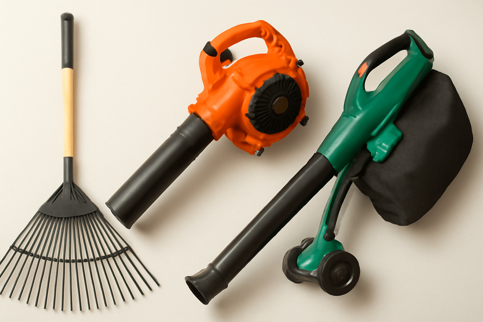 Essential yard tools for sweetgum leaf cleanup, including a leaf rake, leaf blower, and lawn vacuum.