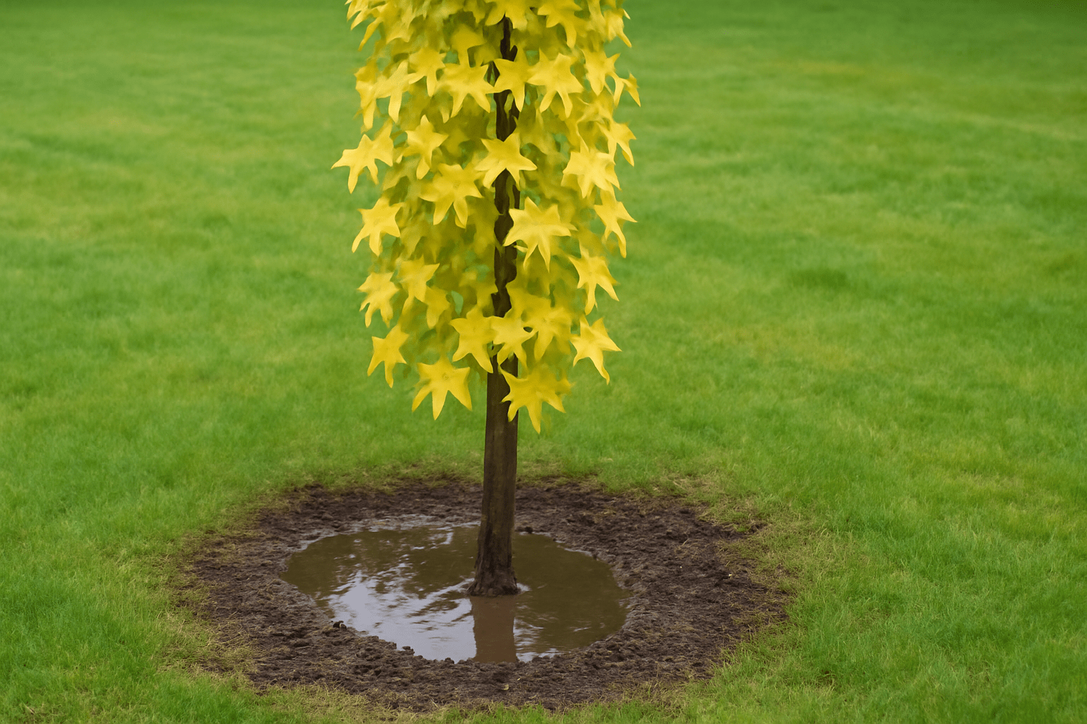 "Slender Silhouette Sweetgum tree with yellowing leaves and soggy soil, indicating water stress and root rot."