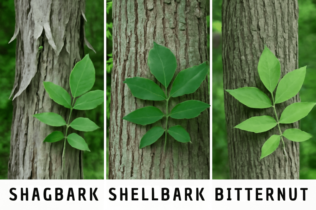 "Comparison of Shagbark, Shellbark, and Bitternut hickory trees, showcasing their leaves and bark."