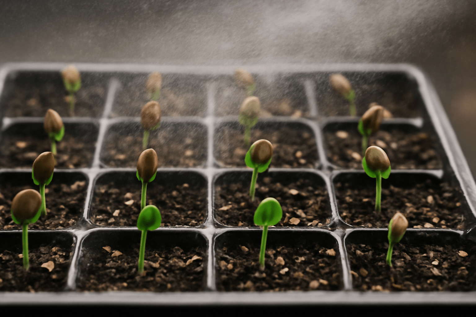 Close-up of seedlings emerging in a tray, displaying healthy green foliage and rich soil beneath.