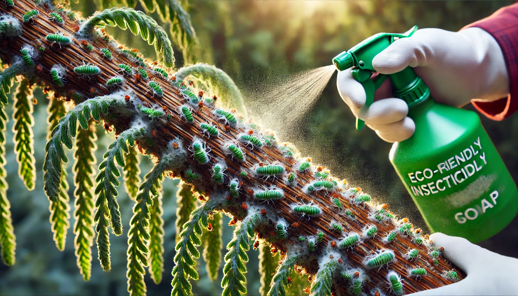 A person in white gloves sprays eco-friendly insecticide on a branch infested with green caterpillars and pests under soft sunlight.