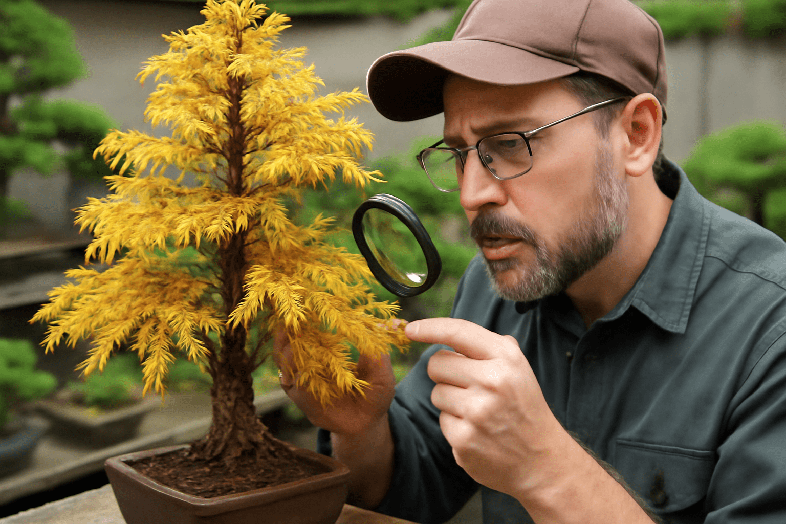 A man wearing a cap examines a yellow bonsai tree with a magnifying glass, conveying curiosity and focus, in a serene garden setting.