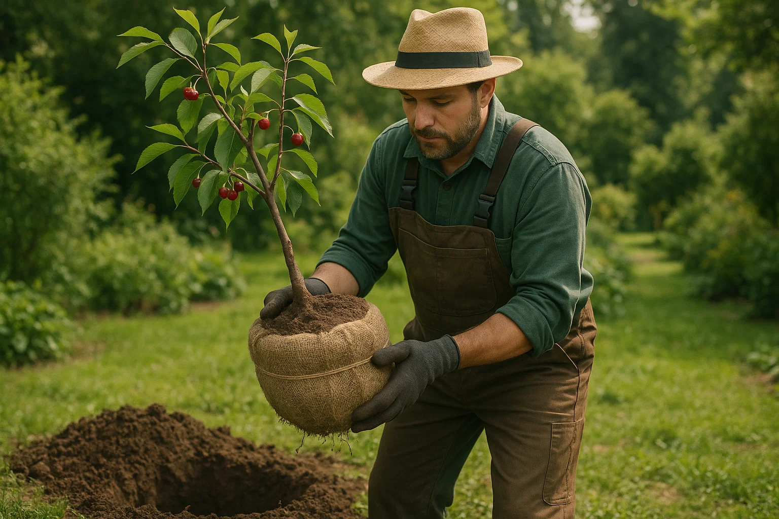 A gardener in a straw hat holds a young cherry tree in a burlap sack, preparing to plant it in a lush green garden.