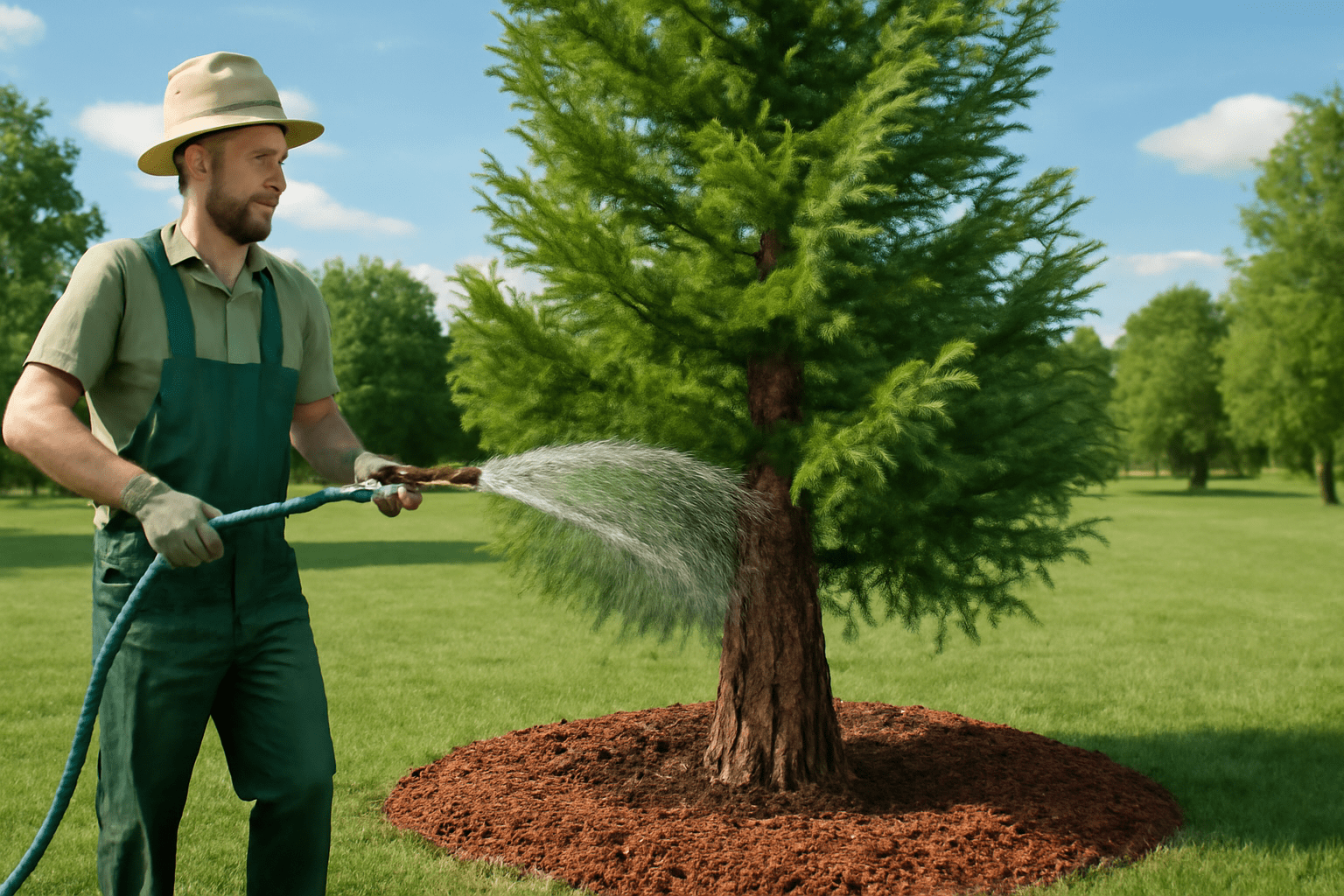 Gardener in green overalls and a hat waters a lush evergreen tree in a sunny park. The scene conveys a sense of care and tranquility.