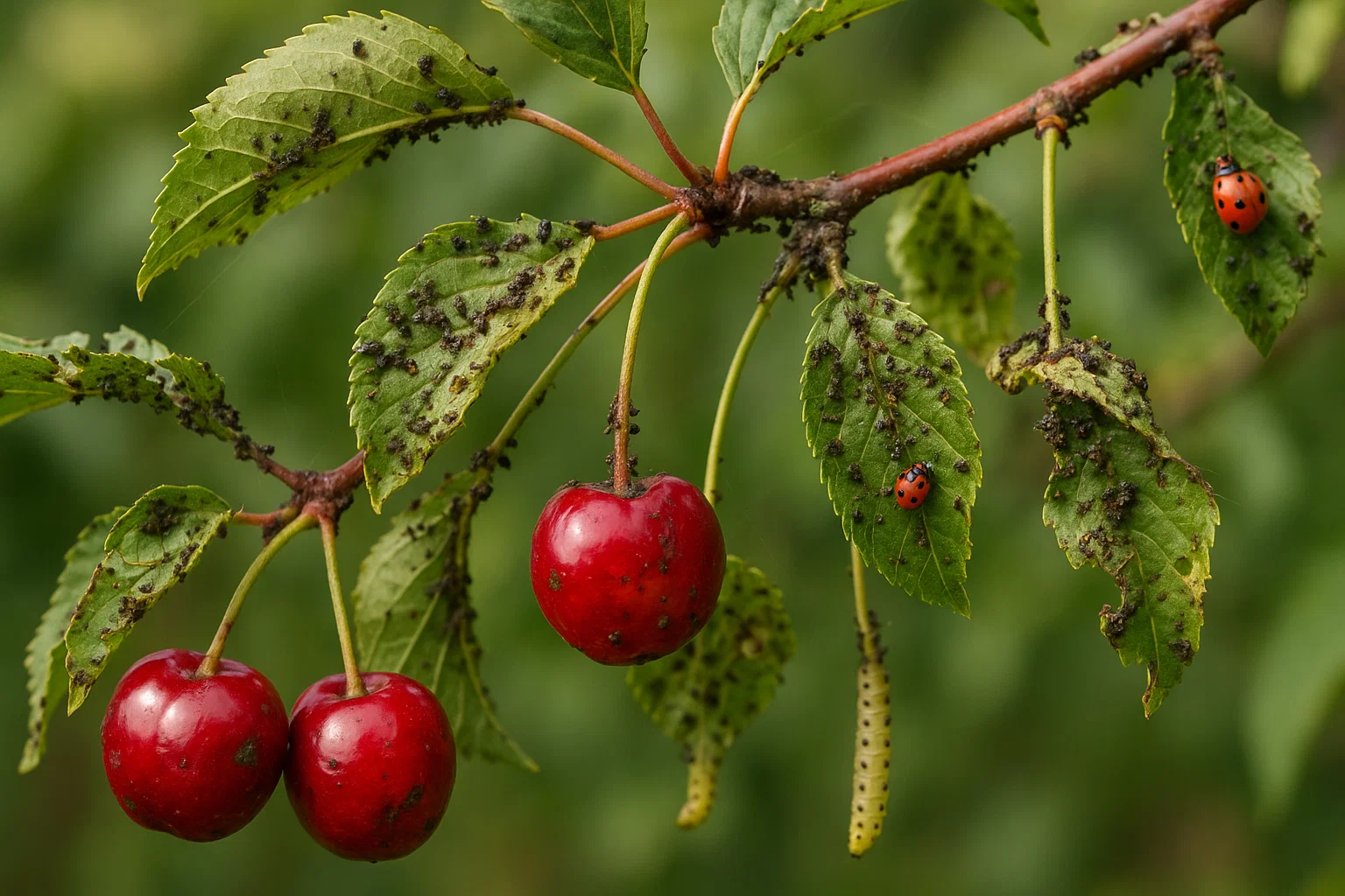 A cherry branch with three red cherries, infested leaves covered in aphids, and two ladybugs crawling nearby.
