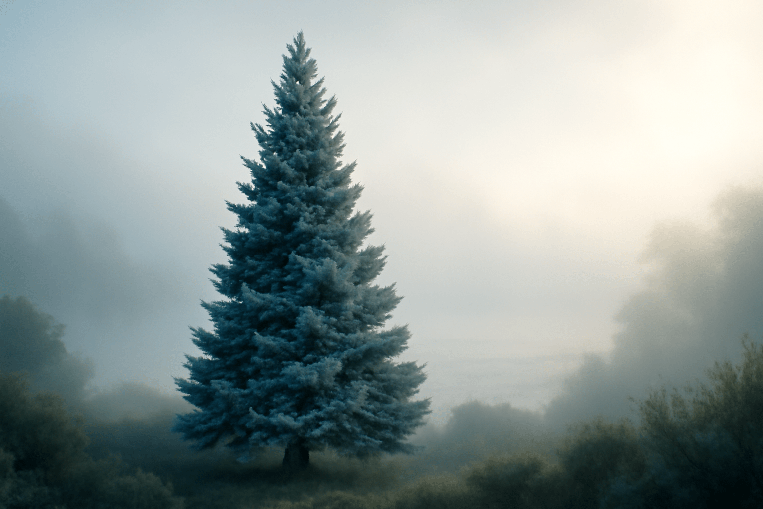 Foggy landscape with a frosted pine tree centered, surrounded by mist and soft light. The scene conveys a serene and tranquil atmosphere.