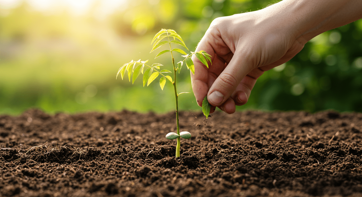 Hand planting ash tree seeds into well-drained soil in a sunny location.